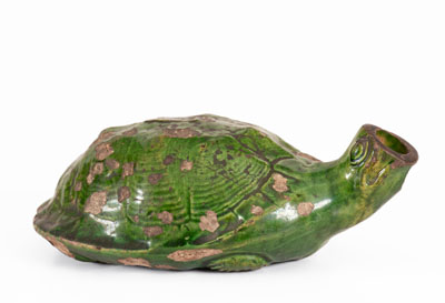 Extremely Rare Moravian Redware Turtle Bottle w/ Copper Glaze, Salem, NC, c1800-50