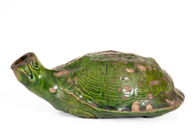 Extremely Rare Moravian Redware Turtle Bottle w/ Copper Glaze, Salem, NC, c1800-50