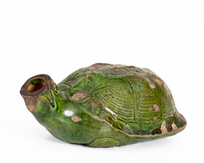 Extremely Rare Moravian Redware Turtle Bottle w/ Copper Glaze, Salem, NC, c1800-50