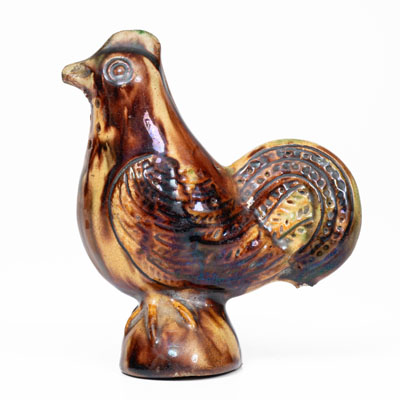 Rare and Fine Moravian Redware Chicken Caster w/ Whieldon-Type Glaze, Salem, North Carolina