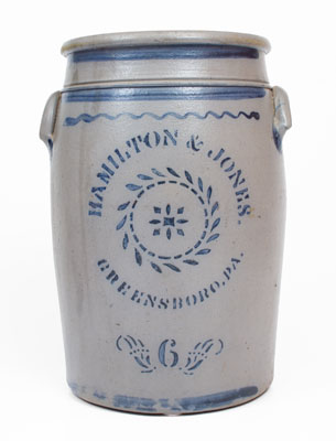 Six-Gallon HAMILTON & JONES / GREENSBORO, PA Cobalt-Decorated Stoneware Jar