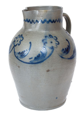 Fine Two-Gallon Baltimore Stoneware Pitcher w/ Slip-Trailed Floral Decoration, c1820