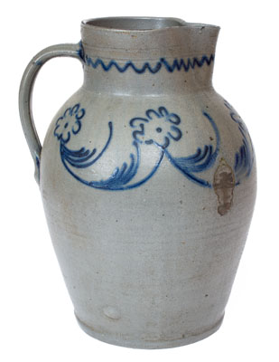 Fine Two-Gallon Baltimore Stoneware Pitcher w/ Slip-Trailed Floral Decoration, c1820