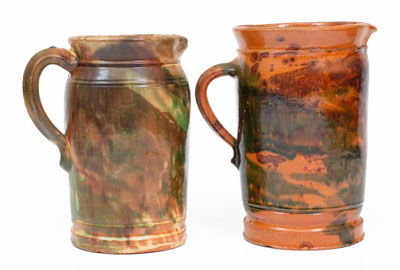 Two Shenandoah Valley Multi-Glazed Redware Tankard Pitchers, Bell or Eberly, Strasburg