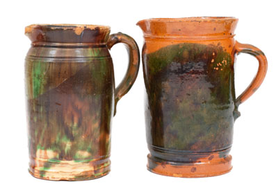 Two Shenandoah Valley Multi-Glazed Redware Tankard Pitchers, Bell or Eberly, Strasburg