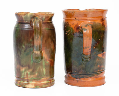 Two Shenandoah Valley Multi-Glazed Redware Tankard Pitchers, Bell or Eberly, Strasburg