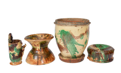 Four Pieces of Multi-Glazed Redware, attributed to J. Eberly & Co., Strasburg, VA