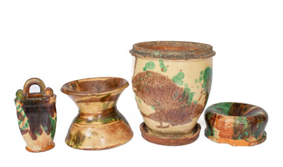 Four Pieces of Multi-Glazed Redware, attributed to J. Eberly & Co., Strasburg, VA