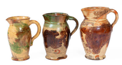 Three Multi-Glazed Redware Cream Pitchers, Bell or Eberly, Strasburg, VA