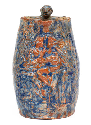 Unusual Cobalt Decorated Redware Pitcher w/ Relief Decoration and Figural Handle