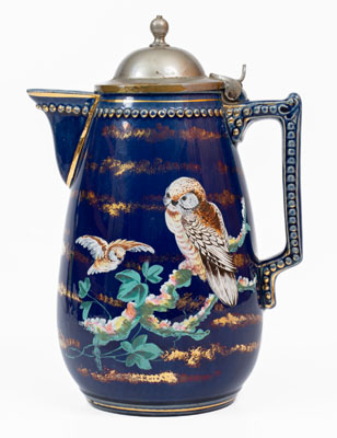 Exceedingly Rare and Important J.E. Jeffords, Philadelphia Cobalt-Glazed Chocolate Pot w/ Owl Motif