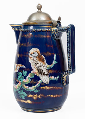 Exceedingly Rare and Important J.E. Jeffords, Philadelphia Cobalt-Glazed Chocolate Pot w/ Owl Motif