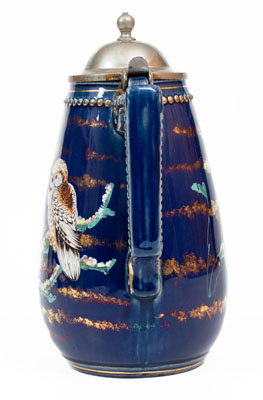 Exceedingly Rare and Important J.E. Jeffords, Philadelphia Cobalt-Glazed Chocolate Pot w/ Owl Motif