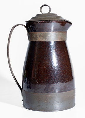 Large-Sized Redware Pitcher w/ Tinwork, Frederick Schifferle, St. Louis, MO, circa 1876