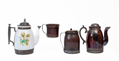 Four Ceramic Vessels with Tinwork, Most Stamped by F. SCHIFFERLE, ST. LOUIS, MO