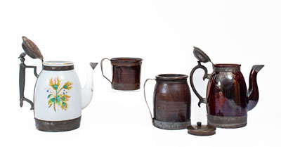 Four Ceramic Vessels with Tinwork, Most Stamped by F. SCHIFFERLE, ST. LOUIS, MO