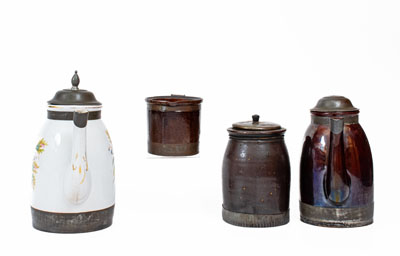 Four Ceramic Vessels with Tinwork, Most Stamped by F. SCHIFFERLE, ST. LOUIS, MO