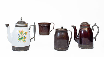 Four Ceramic Vessels with Tinwork, Most Stamped by F. SCHIFFERLE, ST. LOUIS, MO