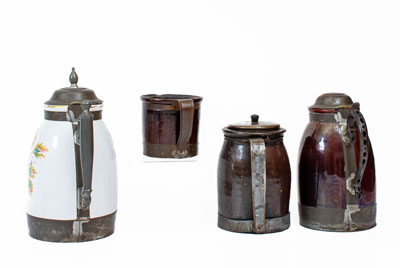 Four Ceramic Vessels with Tinwork, Most Stamped by F. SCHIFFERLE, ST. LOUIS, MO