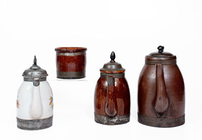 Four Ceramic Vessels with Tinwork, Most Marked F. SCHIFFERLE, ST. LOUIS, MO