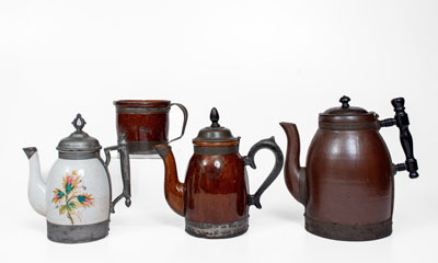 Four Ceramic Vessels with Tinwork, Most Marked F. SCHIFFERLE, ST. LOUIS, MO