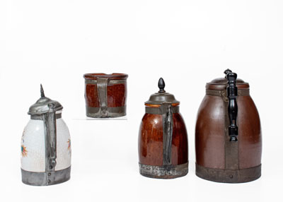 Four Ceramic Vessels with Tinwork, Most Marked F. SCHIFFERLE, ST. LOUIS, MO