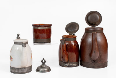 Four Ceramic Vessels with Tinwork, Most Marked F. SCHIFFERLE, ST. LOUIS, MO