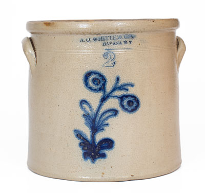 A. O. WHITTEMORE / HAVANA, NY Stoneware Crock w/ Slip-Trailed Floral Decoration