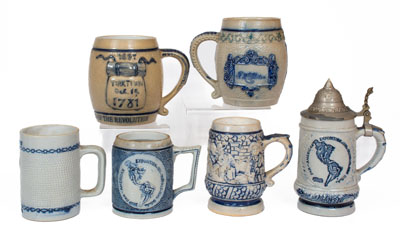 Six Molded Stoneware Mugs, White's Pottery, Utica, New York