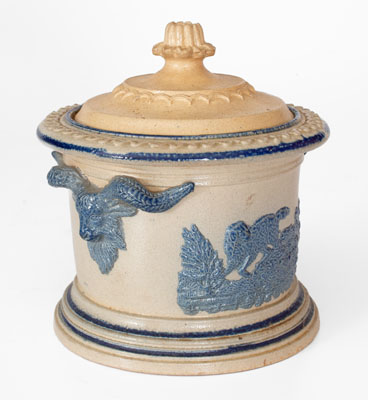 Molded Stoneware Humidor w/ Goat's Head Handles, probably White's Pottery, Utica, NY