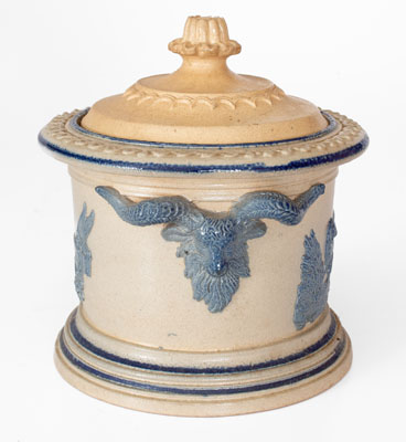 Molded Stoneware Humidor w/ Goat's Head Handles, probably White's Pottery, Utica, NY
