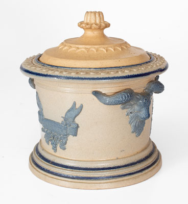 Molded Stoneware Humidor w/ Goat's Head Handles, probably White's Pottery, Utica, NY