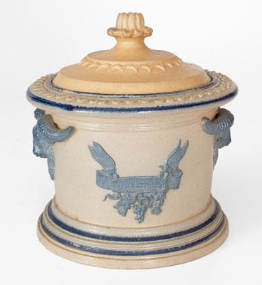 Molded Stoneware Humidor w/ Goat s Head Handles, probably White s Pottery, Utica, NY