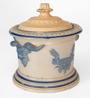 Molded Stoneware Humidor w/ Goat's Head Handles, probably White's Pottery, Utica, NY