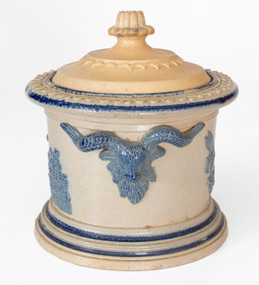 Molded Stoneware Humidor w/ Goat's Head Handles, probably White's Pottery, Utica, NY