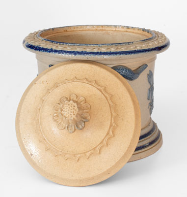 Molded Stoneware Humidor w/ Goat's Head Handles, probably White's Pottery, Utica, NY