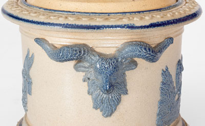 Molded Stoneware Humidor w/ Goat's Head Handles, probably White's Pottery, Utica, NY