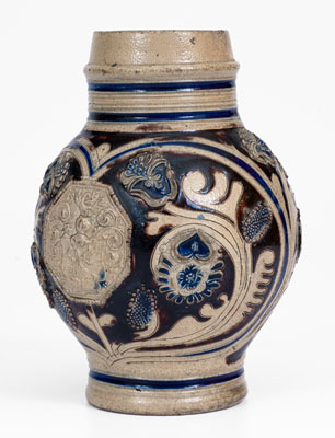 Cobalt-and-Manganese-Decorated Westerwald Stoneware Mug w/ Sprig-Molded Decoration, 1688