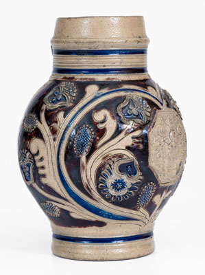 Cobalt-and-Manganese-Decorated Westerwald Stoneware Mug w/ Sprig-Molded Decoration, 1688