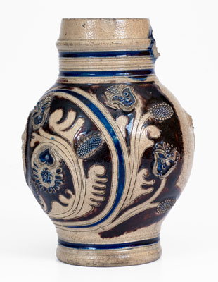 Cobalt-and-Manganese-Decorated Westerwald Stoneware Mug w/ Sprig-Molded Decoration, 1688