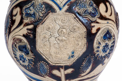 Cobalt-and-Manganese-Decorated Westerwald Stoneware Mug w/ Sprig-Molded Decoration, 1688