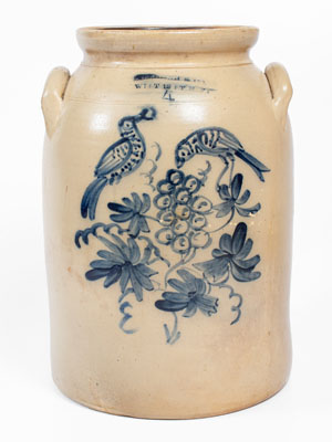 L LEHMAN & CO. / WEST 12 ST. N Y Four-Gallon Stoneware Jar w/ Birds Eating Grapes