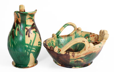 Shenandoah Valley Multi-Glazed Redware Pitcher and Bowl Set, circa 1890