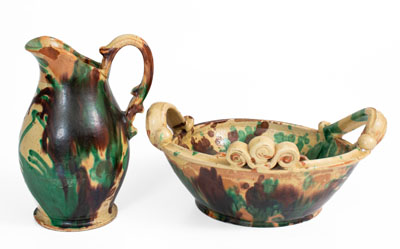 Shenandoah Valley Multi-Glazed Redware Pitcher and Bowl Set, circa 1890