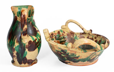 Shenandoah Valley Multi-Glazed Redware Pitcher and Bowl Set, circa 1890