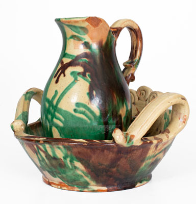 Shenandoah Valley Multi-Glazed Redware Pitcher and Bowl Set, circa 1890