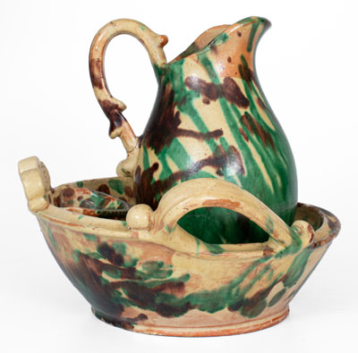 Shenandoah Valley Multi-Glazed Redware Pitcher and Bowl Set, circa 1890