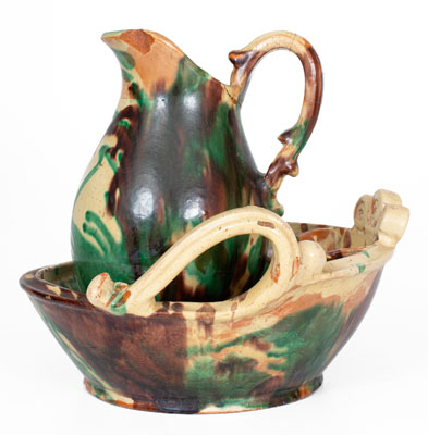 Shenandoah Valley Multi-Glazed Redware Pitcher and Bowl Set, circa 1890