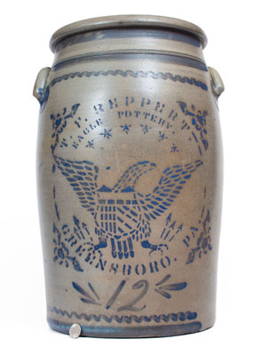 Fine 12-Gallon T.F. REPPERT / EAGLE POTTERY / GREENSBORO, PA Stoneware Jar w/ Eagle Motif