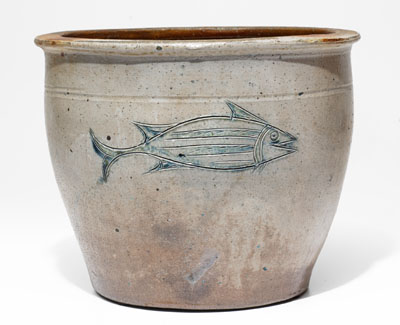 Extremely Rare Ohio Stoneware Cream Jar with Incised Fish and Rabbit Decorations, circa 1840